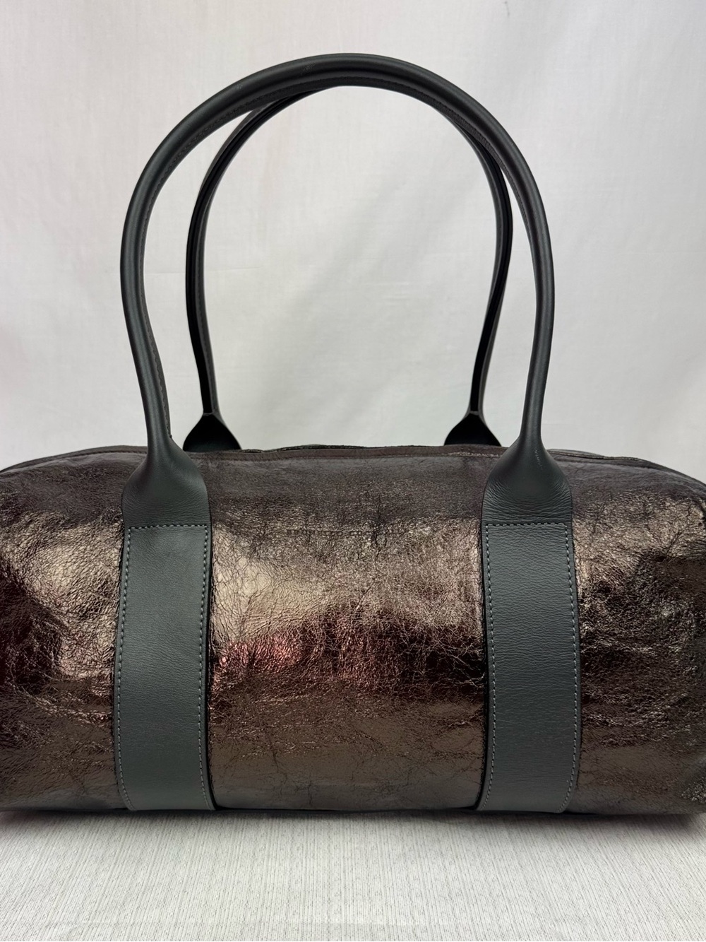Brunello Cucinelli Metallic Bronze Barrel Tote with Black Handles